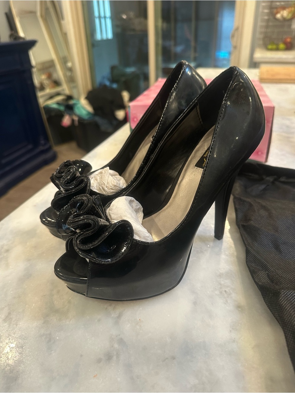 Pleaser Black Patent Peep-Toe Stilettos with Rose Accent